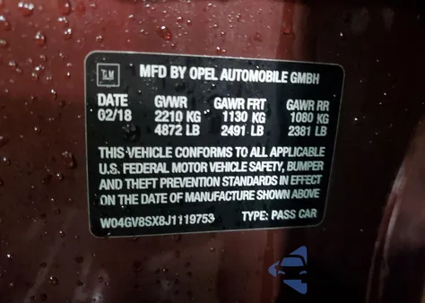 2018 Buick Regal Tourx Essence из США, поврежденный, VIN W04GV8SX8J1119753